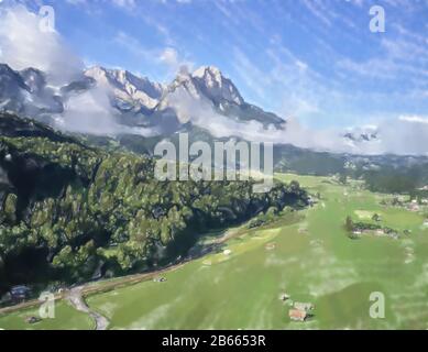 Aquarelldarstellung: Luftbild, von einer Wiese und Weide in Bayern am Alpenrand mit Schuppen und Scheunen Stockfoto