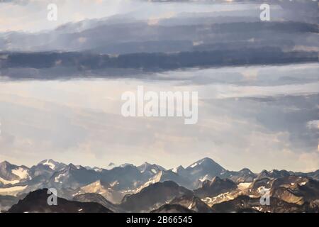 Aquarelldarstellung: Blick über die österreichischen und Schweizer Alpen von der Zugspitze, mit dramatischem Himmel über die zerklüfteten Berge. Stockfoto
