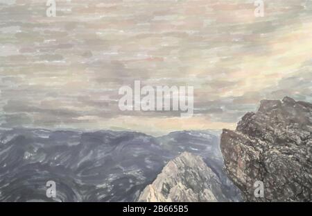 Aquarelldarstellung: Blick über die österreichischen und Schweizer Alpen von der Zugspitze, mit dramatischem Himmel über die zerklüfteten Berge. Stockfoto