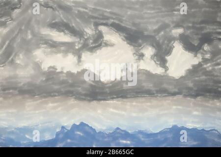 Aquarelldarstellung: Blick über die österreichischen und Schweizer Alpen von der Zugspitze, mit dramatischem Himmel über die zerklüfteten Berge. Stockfoto