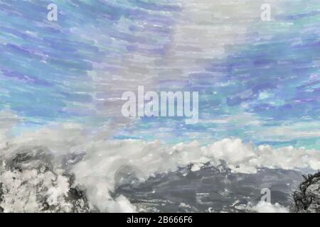 Aquarelldarstellung: Dramatische Wolken über den Gipfeln des Wettersteinmassivs in den bayerischen Alpen Stockfoto