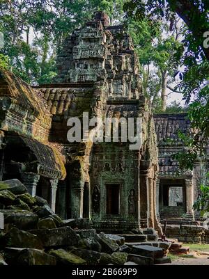 TA Prohm ist der moderne Name dessen, was ursprünglich Rajavihar hieß. Ta Prohm, erbaut im Bayon-Stil im späten 12. Jahrhundert, wurde als buddhistisches Kloster und Universität gegründet. Im Gegensatz zu den meisten renovierten Angkor Tempeln ist Ta Prohm in fast demselben Zustand geblieben, in dem er gefunden wurde - die Wurzeln und Bäume sind so zu einem Teil der Strukturen geworden, dass, wenn sie entfernt werden, die Strukturen ihre Integrität verlieren würden. Stockfoto