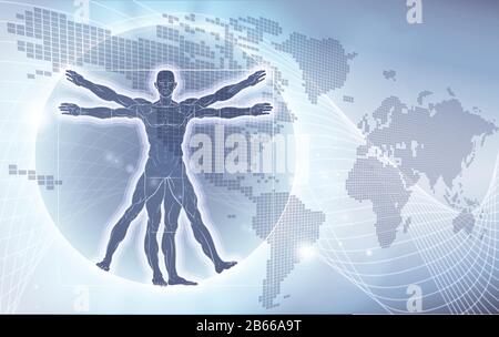 Vitruvian Man World Map Hintergrund Stock Vektor