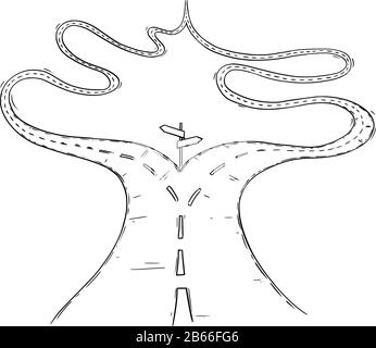 Vector Schwarzweiß konzeptuelle Geschäftszeichnung oder Abbildung der Gabel auf der Straße oder auf der Kreuzung, zwei Möglichkeiten mit demselben Ziel, keine Entscheidung oder echte Optionen zur Auswahl. Stock Vektor