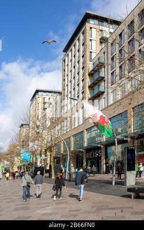 Die Hayes-Fußgängerzone im Stadtzentrum von Cardiff, South Wales, Großbritannien Stockfoto