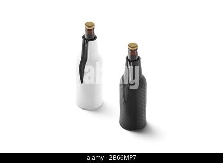 Blank schwarz und weiß zusammenklappbare Bierflasche koozie Mock up Stockfoto