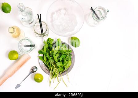 Einen Sommermojito trinken. Frische Zutaten und Utensilien für einen Sommercocktail Stockfoto