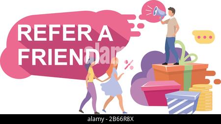 Verweismarketing - flache Abbildung. Prämien, Boni. Strategie für Kundenattraktionen, Treueprogramme. Einflussnehmer-Marketing, Mundpropaganda Stock Vektor