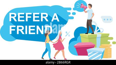 Verweisen Sie auf eine flache Vektorgrafik eines Freundes. Prämien, Boni. Strategie für Kundenattraktionen, Treueprogramme. Empfehlung, Einflussnehmer-Marketing Stock Vektor