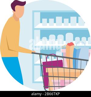 Käufer im Supermarkt - Symbol für flaches Konzept. Mann, der Einkäufe im Lebensmittelgeschäft tätigt, Aufkleber. Kunde mit Einkaufswagen kauft Produkte, Waren im Einkaufszentrum Stock Vektor