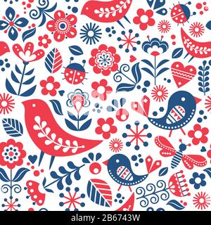 Skandinavisches Folkkunstvektor nahtloses Muster mit Vögeln, Blumen, fröhlichem Textildesign, inspiriert von traditioneller Stickerei aus Schweden, Norwegen Stock Vektor
