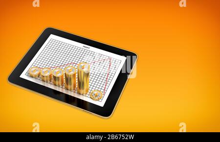 Des astraleums Crash-Tablet mit Gewinn Chart mit Stapeln von golden Astraleums Münzen - 3D-Rendering Stockfoto