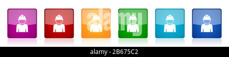 Engineer Icon Set, Worker, Manager, Employe bunt eckige Hochglanzvektor-Illustrationen in 6 Optionen für Web-Design und mobile Anwendungen Stock Vektor