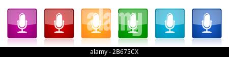 Mikrofon-Symbol-Set, farbenfrohe, quadratische, glänzende Vektorgrafiken in 6 Optionen für Web-Design und mobile Anwendungen Stock Vektor