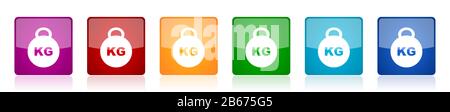 Kilo Icon Set, Kilo, kg, Gewicht farbenfrohe quadratische Hochglanzvektor-Illustrationen in 6 Optionen für Web-Design und mobile Anwendungen Stock Vektor