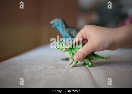 Kind zu Hause, das mit zwei Dinosauriern spielt. Differentieller Fokus weißer Hintergrund. Kindheitskonzept. Handdetails Stockfoto