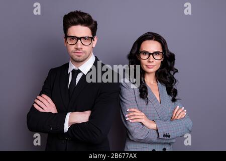 Portrait seiner He her she nice stylish Content Partners Professional Experts Finance Financier Consultant folded Arms isoled Stockfoto