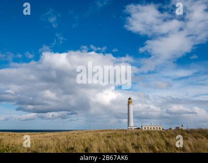 Deaktivierter Stevenson-Leuchtturm bei Sonnenschein, Barns Ness, East Lothian Coast, Schottland, Großbritannien Stockfoto