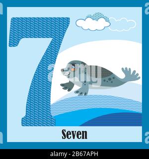 Vektor-Zeichentrickkarten mit Tiernummern, Nummer 7. Bunte Cartoon-Illustration von Nummer 7 und Seal Vector Character. Helle Farben Tierwelt im Zoo Stock Vektor