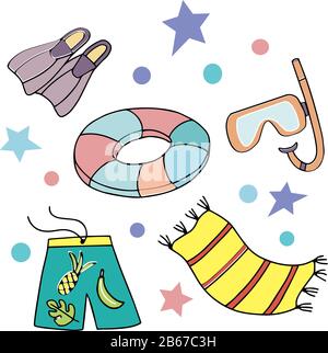 Set mit Sommer-Produkten für Aktivitäten im Freien. Vektorbild auf weißem Hintergrund für die Gestaltung von Tapeten, Paketen, Strandtaschen, Umhüllungen Stock Vektor