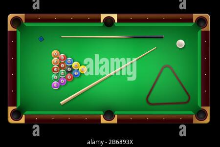 Amerikanischer Billardtisch mit Pool-Cue und glänzenden Bällen und anderen Geräten. Vector Realistic 3D detaillierte, farbenfrohe Illustration. Stock Vektor