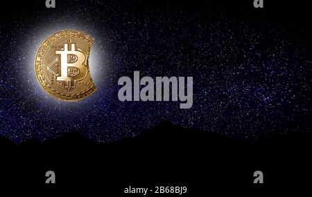 Bitcoin-Symbol als goldener Mond vor Sternenhimmel. Zukünftiges Konzept der Kryptokurrency Stockfoto