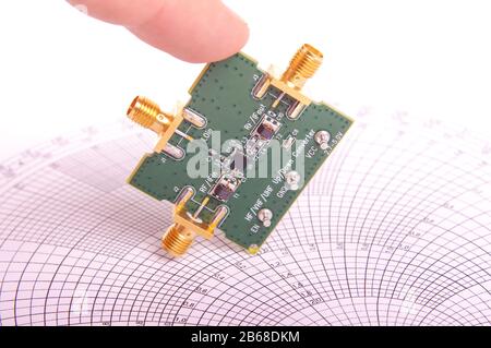 Hochfrequenztechniker prüfen die Leiterplatte der Mikrowellenmischer-Platine vor der Smith-Karte Stockfoto