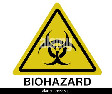 Gelbes Warnschild für die Gefahr von Biohazard, isoliert auf weißem Hintergrund mit Text Stockfoto