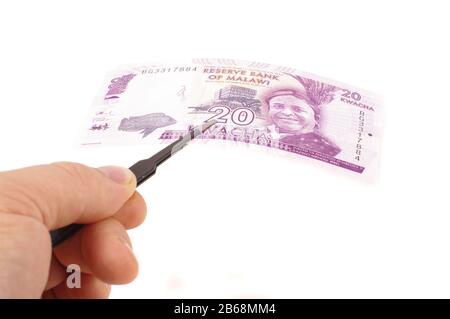 Banknote und antistatische ESD-Pinzette auf weißem Hintergrund isoliert Stockfoto