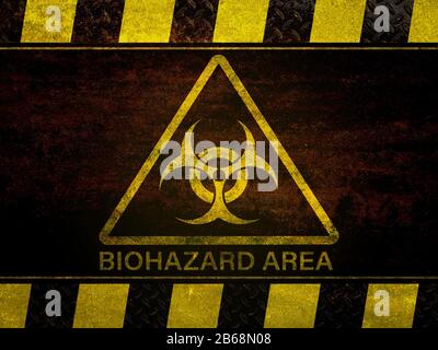 Warnschild "Triangle Biohazard" auf dem Hintergrund der Struktur eines grunge-gelben Warnstreifens Stockfoto