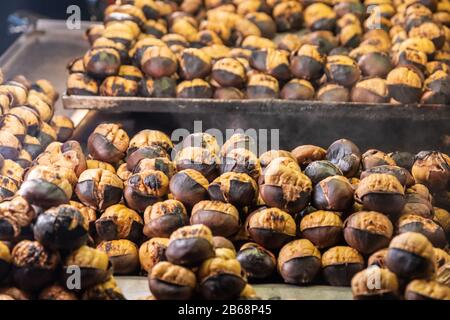 Gebratene Kastanien. Grill-Kastanie für Straßengerichte Stockfoto