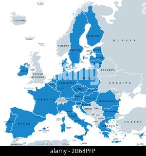 Politische Karte der EU-Mitgliedsstaaten. 27 EU-Mitgliedsstaaten, nachdem Großbritannien aufgehört hatte. Die Gebiete der Sondermitgliedstaat sind nicht enthalten. Stockfoto