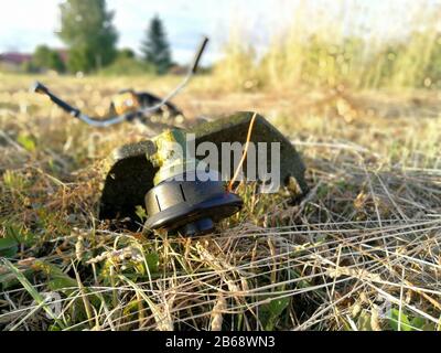 Benziner Rasentrimmer professionelles Gartenwerkzeug auf Maserrasen Stockfoto