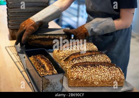 Nahaufnahme von Personen, die Ofenhandschuhe tragen und frisch gebackene Brotlaibe auf ein Tablett in einer handwerklichen Bäckerei legen. Stockfoto