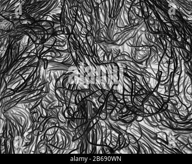 Invertiertes Schwarz-Weiß-Bild von kommerziellen Fischnetzen und Seilen an einem Fischerkai. Stockfoto