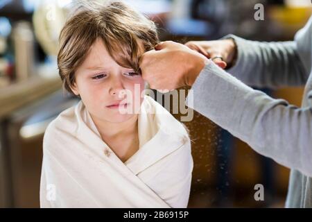 Ein sechs Jahre alter Junge, der von seiner Mutter zu Hause Haare schneiden ließ Stockfoto