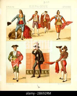 Altspanische Mode und Lifestyle, 18. Jahrhundert aus Geschichte des Kostums in chronologischer entwicklung (Geschichte der Tracht in chronologischer Entwicklung) von Racinet, A. (Auguste), 1825-1893. Und Rosenberg, Adolf, 1850-1906, Band 5 gedruckt in Berlin im Jahr 1888 Stockfoto
