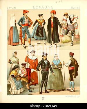 Altspanische Mode und Lifestyle, 18. Jahrhundert aus Geschichte des Kostums in chronologischer entwicklung (Geschichte der Tracht in chronologischer Entwicklung) von Racinet, A. (Auguste), 1825-1893. Und Rosenberg, Adolf, 1850-1906, Band 5 gedruckt in Berlin im Jahr 1888 Stockfoto