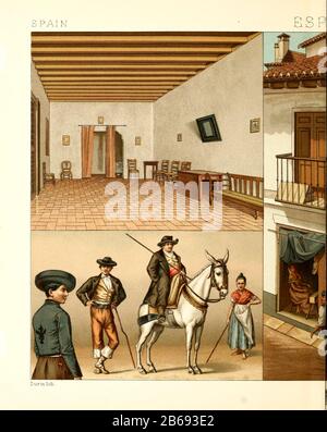 Altspanische Mode und Lifestyle, 18. Jahrhundert aus Geschichte des Kostums in chronologischer entwicklung (Geschichte der Tracht in chronologischer Entwicklung) von Racinet, A. (Auguste), 1825-1893. Und Rosenberg, Adolf, 1850-1906, Band 5 gedruckt in Berlin im Jahr 1888 Stockfoto