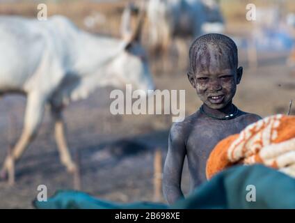 Lächelnder mundarischer Stammjunge, der mit Asche bedeckt ist, um Fliegen und Mücken in einem Viehlager, Central Equatoria, Terekeka, Südsudan abzuwehren Stockfoto