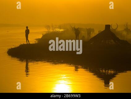 Stammkind der Mundari am Nilufer bei Sonnenuntergang, Central Equatoria, Terekeka, Südsudan Stockfoto