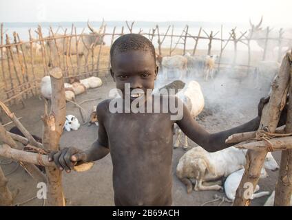 Lächelnder Mundari Stammjunge in einem Viehlager, Central Equatoria, Terekeka, Südsudan Stockfoto