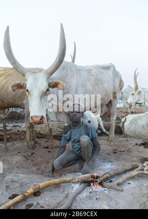 Mundari Stammjunge, der ein Lagerfeuer mit getrockneten Kuhfund macht, um Fliegen und Mücken abzuwehren, Central Equatoria, Terekeka, Südsudan Stockfoto