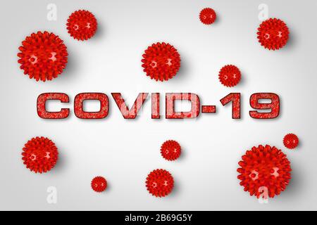 Covid-19 roter Schriftzug mit Corona-Virus auf hellem hellgrauem Hintergrund. Cornavirus globales Konzept für pandemische Epidemieepidemien. Stockfoto