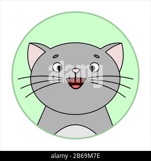 Cute Überraschte Katze, Runde Ikone, Emoji. Graue Katze Mit EINEM Whisker, Lächelt. Vektorbild Isoliert Auf WEISSEM Hintergrund. Stock Vektor