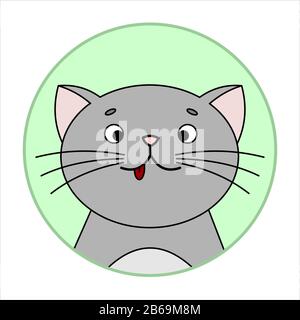 Cute Überraschte Katze, Runde Ikone, Emoji. Graue Katze Mit EINEM Whisker, Lächeln, zeigt Zunge. Vektorbild Isoliert Auf WEISSEM Hintergrund. Stock Vektor