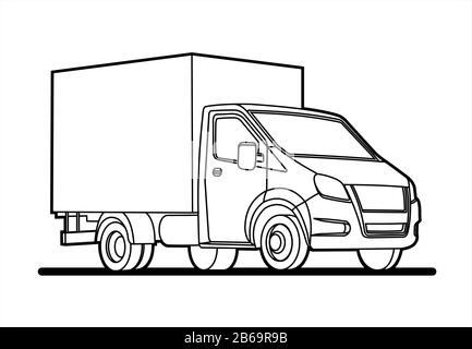 Vector Outline Lorry; isoliert auf weißem Hintergrund; Dreiviertelansicht; Autoschablone für Werbung; Kleinlaster; zum Färben von Buchseiten Stock Vektor