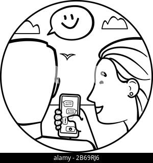 Der Junge und das Mädchen sprechen; runde Ikone. Ein Mädchen zeigt einem Kerl ihr Chat-Telefon. Freunde, Paar, Mann und Frau lächeln. Emoji in der Sprechblase. O Stock Vektor