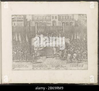 18 Adelige enthaupteten in Brüssel, 1568 Serie 5 Veranstaltungen Niederländisch, 1566-1570 (Serientitel) die Enthauptung von Egmont und Horne auf dem großen Platz in Brüssel, 5. Juni 1568. Horne kniend blind gefalteter Körper Egmond ist unter einem Teppich. Ausführung auf einem von Alva-Soldaten umgebenen Gerüst. Mit Unterschrift von 8 Zeilen auf Deutsch. Unten links mit 57 nummeriert. Der Druck ist Teil eines Albums. Hersteller : Druckmaschine französischer Hochschuhhersteller: Köln Datum: 1568 - ca. 1572 Physikalische Merkmale: Ätzmaterial: Papiertechnik: Ätzmaße: Plattenkante: H 210 mm × W 282 mm Betreff: Auf dem Gerüst oder an Ort o Stockfoto