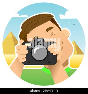 Tourist, Reisender; lächelnder Kerl mit einer Kamera auf einem Ausflug in Ägypten, vor dem Hintergrund der Pyramiden; Fotos durch Drücken eines Auges Stock Vektor